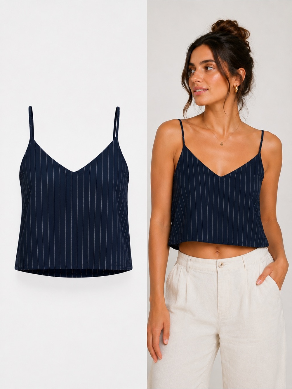 Essue | Navy Pinstripe V-Neck Cami Tank Top | Size Medium
